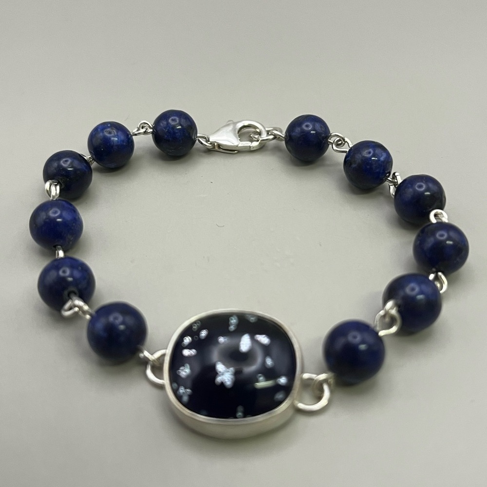 Blue Lapis Lazuli and Sterling Silver Bracelet with Fused Glass Focal Accent